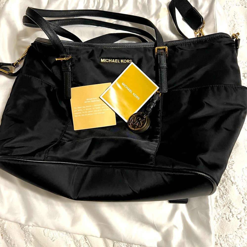 Michael Kors Black Nylon Baby Bag Tote with Gold Hardware
